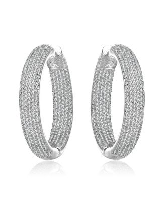 Sterling Silver with Cubic Zirconia 10-Row French Pave Inside Out Large Tubular Hoop Earrings