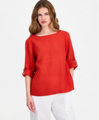 Petite 100% Linen Cuffed Top