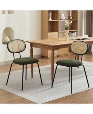 Rattan Dining Chairs Set of 2,Mid Century Dining Room Chairs with Metal Legs,Modern Velvet Upholstered,Mesh Back Cane Kitchen Chair,Black