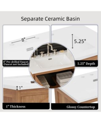 Bathroom Vanity with Ceramic Sink, Vintage Rustic Cabinet with Bronze Pulls and 2 Soft-Closing Doors, Antique Natural Finish