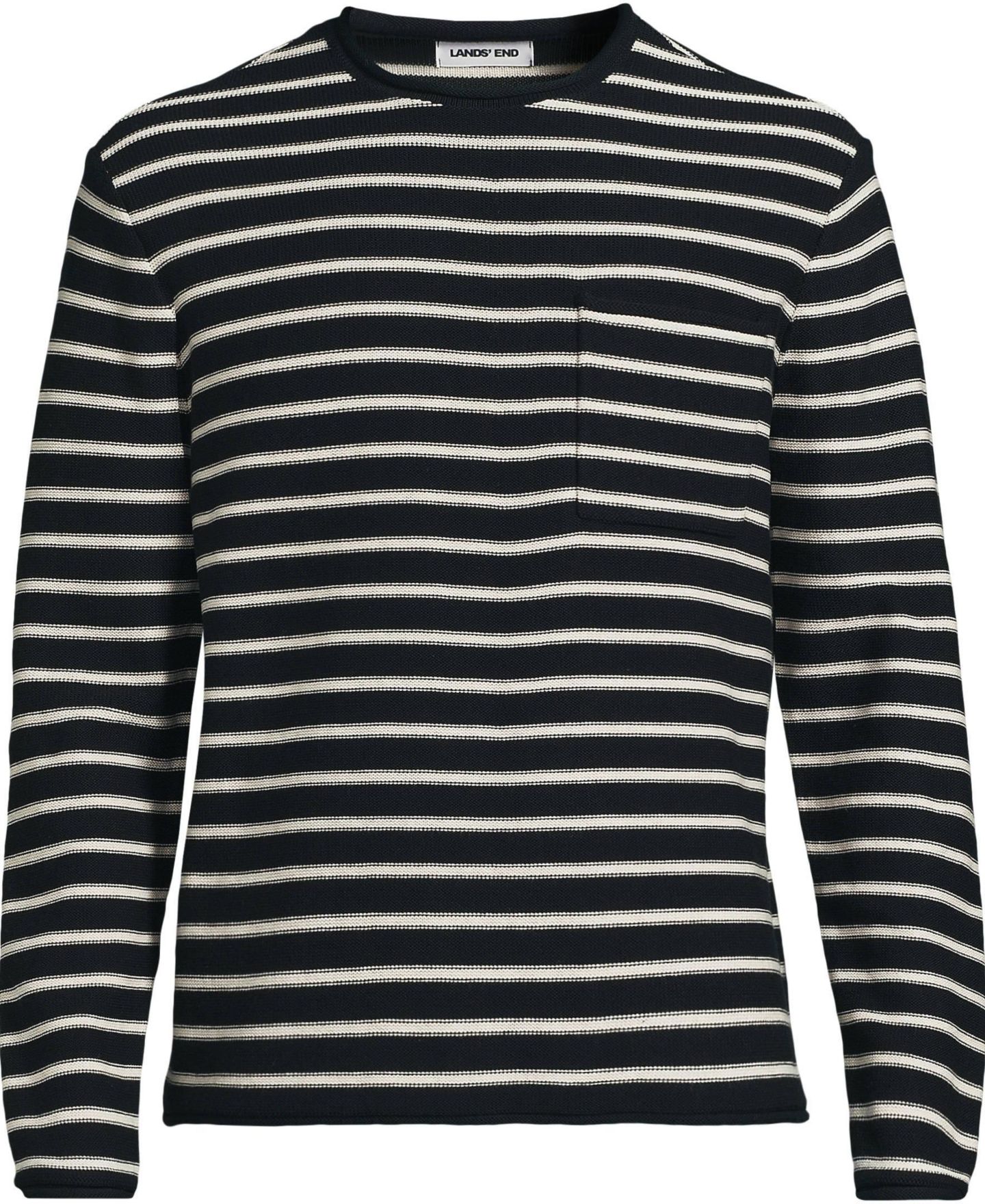 Мужской свитер Lands' End Long Sleeve Cotton Rollneck, цвет: Чёрный / Полосатый — фото 3