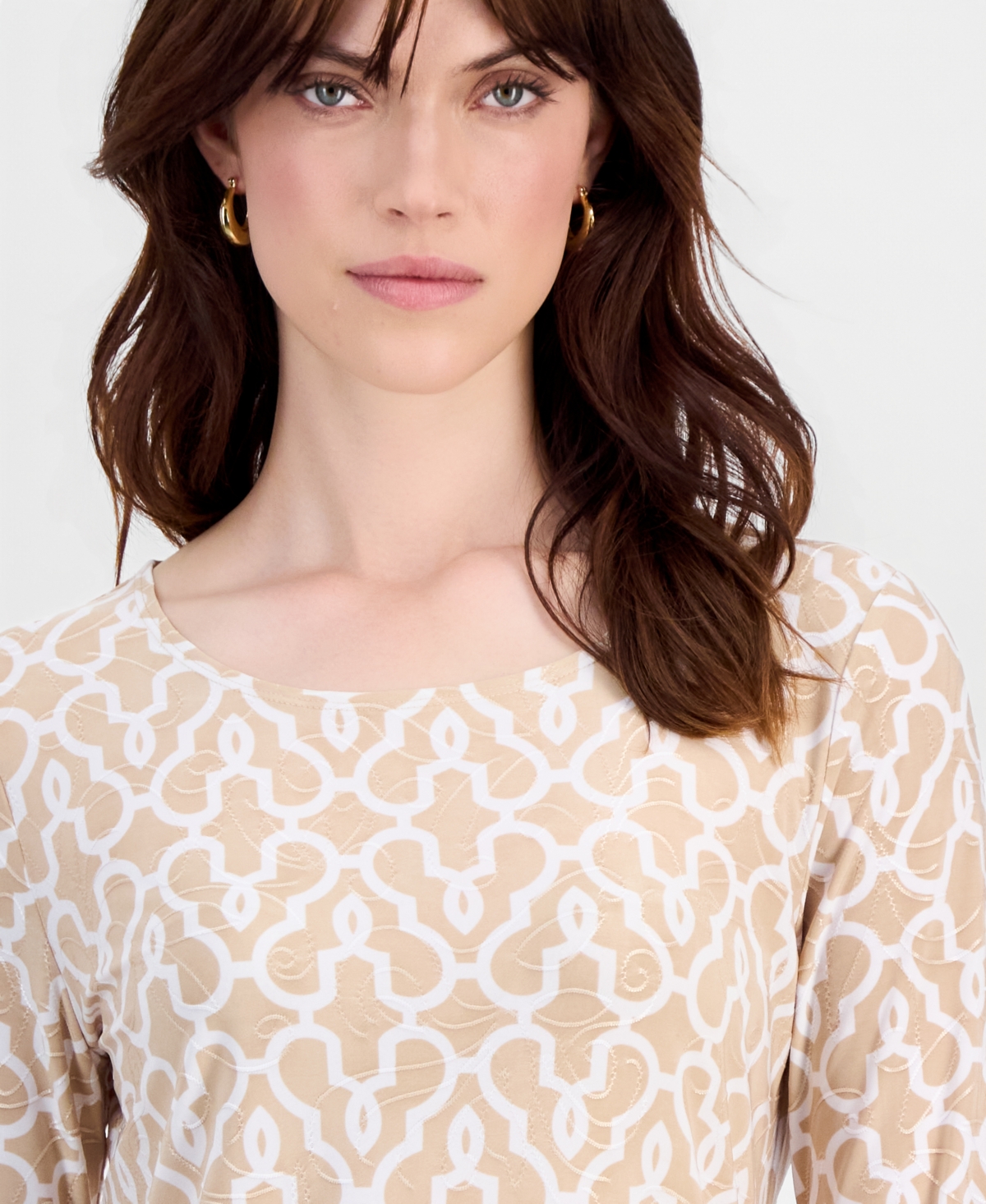 Jm Collection Women's Printed 3/4 Sleeve Scoop-Neck Jacquard Top, Macy's Exclusive
