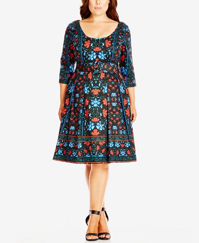 City Chic Plus Size Mosaic-Print Fit & Flare Dress