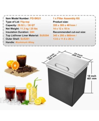 14 x 12 x 18 Inch Drop-In Stainless Steel Ice Chest, 40 Qt with Hinged Lid