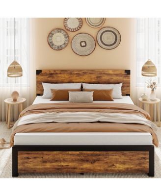 Full Platform Bed Frame with Wood Headboard, Rustic Metal, Noise Free, Underbed Storage, No Box Spring, Easy Assembly