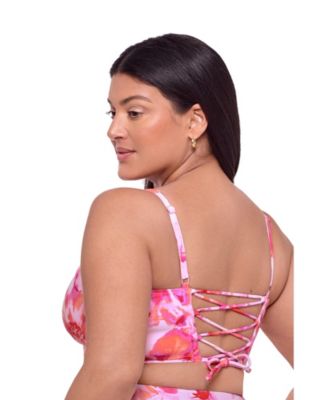 Women's S3 Supportive Square Neck Lace Back Midkini Swimsuit Top - Pink Riviera Floral