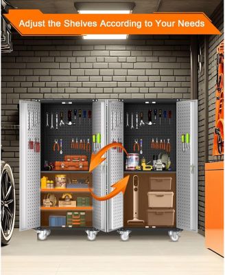 72-Inch Steel Metal Storage Cabinet with Wheels, Lockable Rolling Garage Organizer with Pegboard and 4 Adjustable Shelves