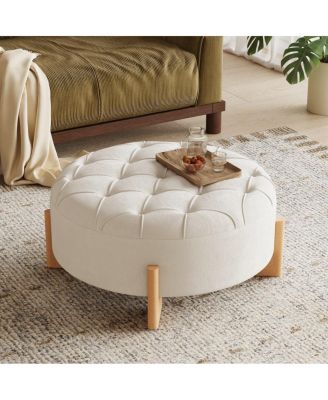 32" Round Tufted Ottoman, Chenille Footrest with Solid Wood Legs