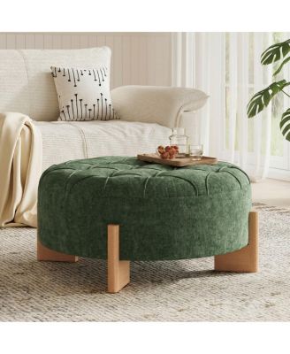 32" Round Tufted Ottoman, Chenille Footrest with Solid Wood Legs