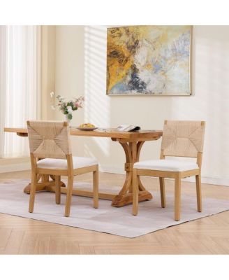 Set of 2 Rope Rattan Dining Chairs with Wood Frame and Linen Seat