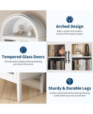 Tall Arched Kitchen Pantry Cabinet with LED Lights, Modern Wood Arched Bookshelf with Glass Doors & Adjustable Shelves, Elegant Display Cabinet