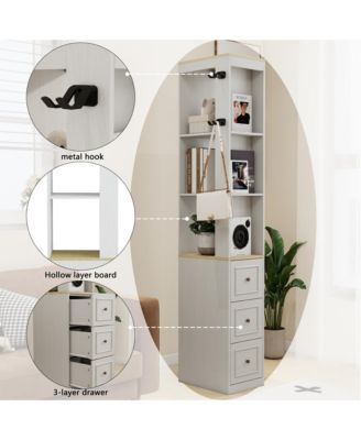 73" Tall Slim Storage Cabinet, 3-Tier Display Shelves with 3 Drawers and 2 Hooks, MDF Bookshelf for Living Room, Home Office