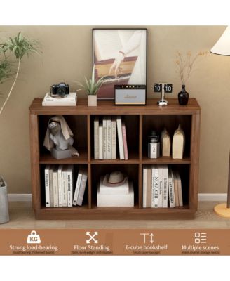 6 Cube Storage Bookcase - Floor Standing 2-Tier Bookshelf, Low Horizontal Wood Book Shelf with Curved Edge for Living Room, Bedroom