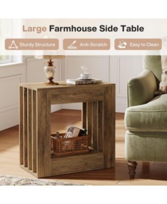 End Table, Farmhouse Narrow Side Table with Storage Shelf, Rustic Square Nightstand Bedside