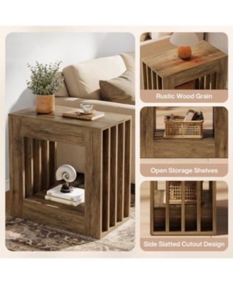 End Table Set of 2, Farmhouse Narrow Side Table with Storage Shelf, Rustic Square Nightstand Bedside