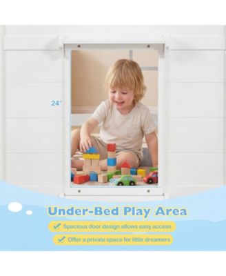 Wooden Low Kids Loft Bed with  LED Lights and 2 Doors