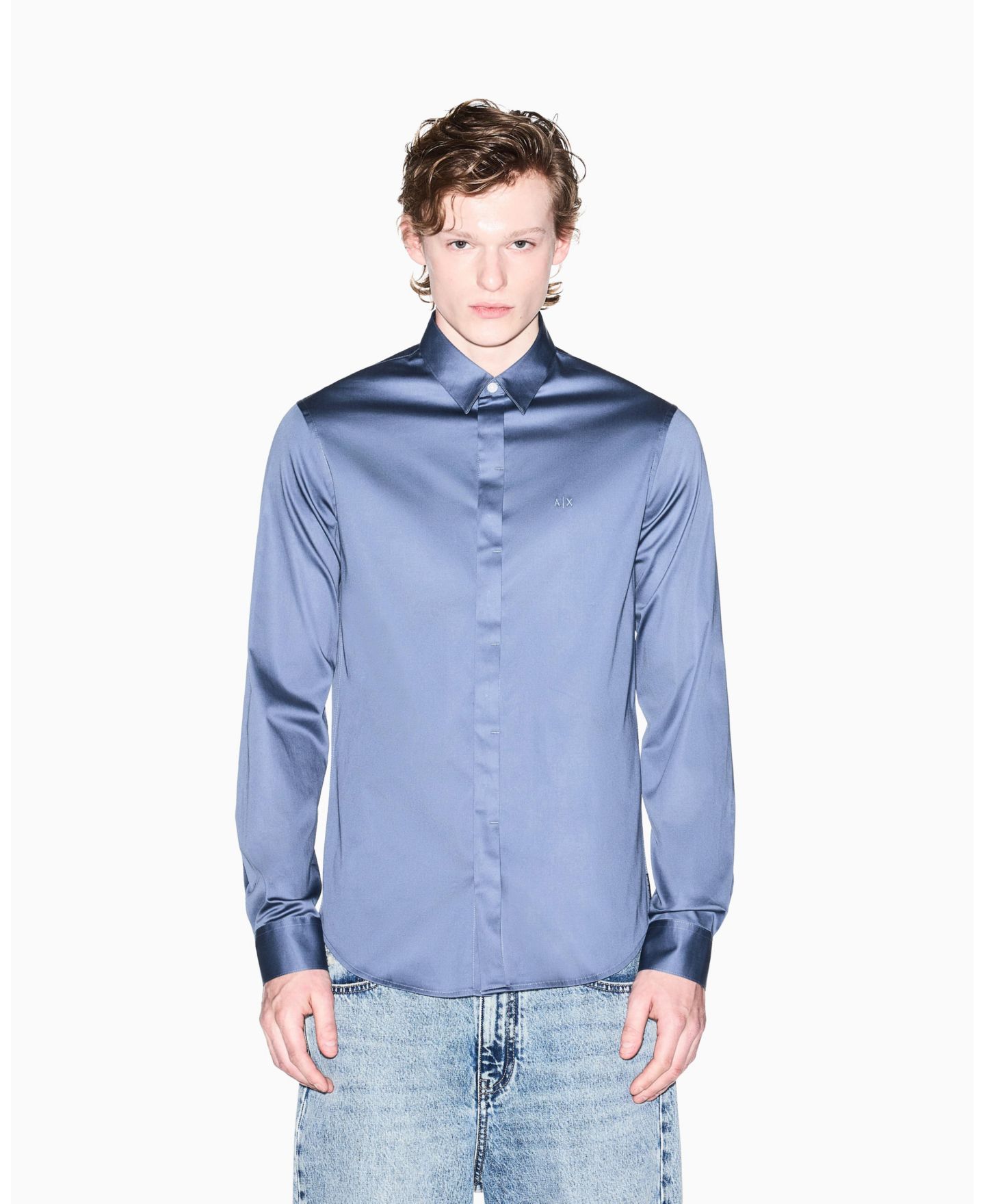 Мужская рубашка A|X Armani Exchange Long Sleeve Solid Slim Fit, цвет: Синий — фото 1