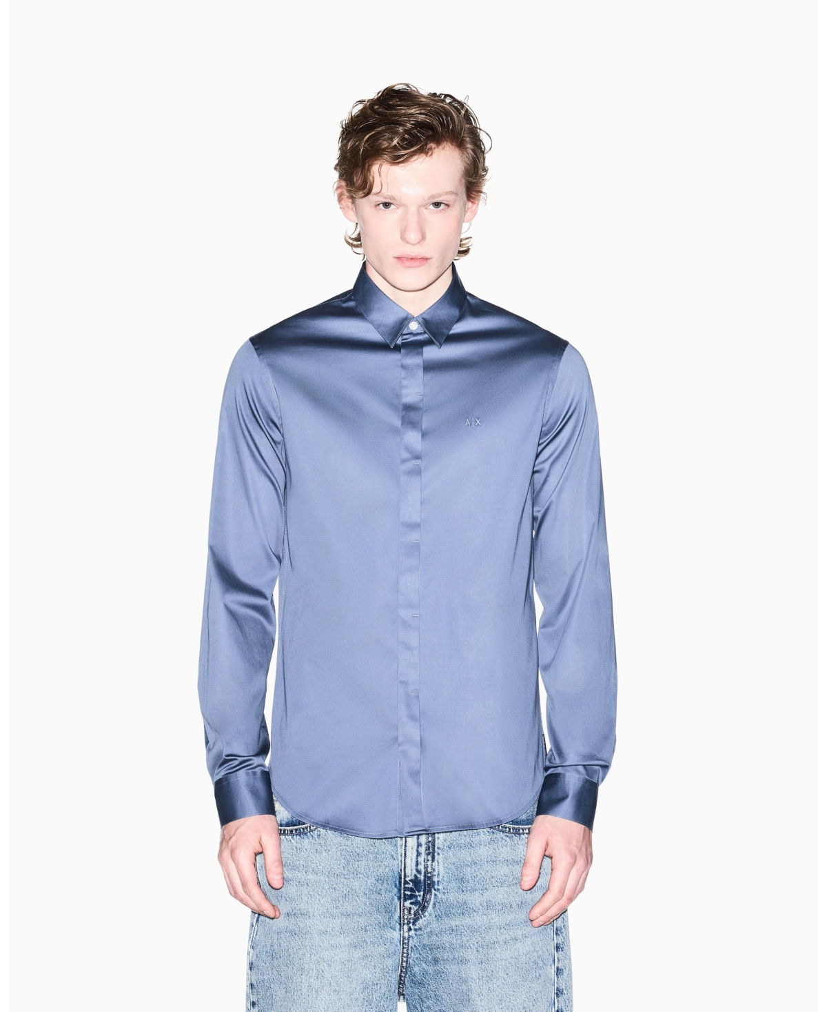 A|X Armani Exchange Men's Long Sleeve Cotton Satin Shirt - Blue