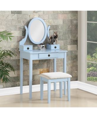 Wood Makeup Vanity Desk and Stool Set - Dressing Table with Mirror and 3 Storage Drawers for Bedroom