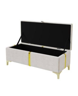 Upholstered Storage Ottoman, Modern Storage Bench with Metal Legs and Golden Striping for Living Room, Bedroom