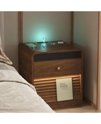 Smart Nightstand with Charging Station and LED Light, Modern Bedside Table with Storage Drawers for Bedroom