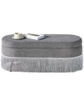 Oval Storage Ottoman, Upholstered Footrest with Fringe Trim, Hidden Storage and Metal Frame for Living Room, Bedroom