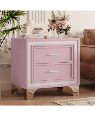 2 Drawers Nightstand with Silver Glitter Strip Decor and Metal Legs, Velvet Bedside Table End Table for Bedroom, Living Room