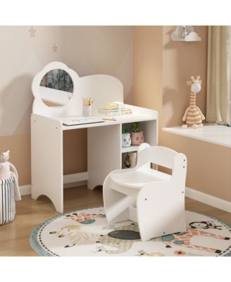 Kids Vanity Desk Set with Mirror and Chair, Wooden Dressing Table with Storage Shelves, Study and Activity Table for Girls and Boys