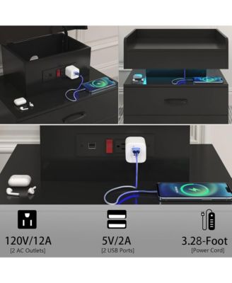 Nightstand with Adjustable LED Strip Light, Wood Bedside Table with 2 Drawers and Open Compartment, End Table for Bedroom