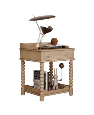 Retro Style Nightstand with Drawer and Open Shelf, Wooden Bedside Table with Turned Legs and Metal Handle for Bedroom, Living Room