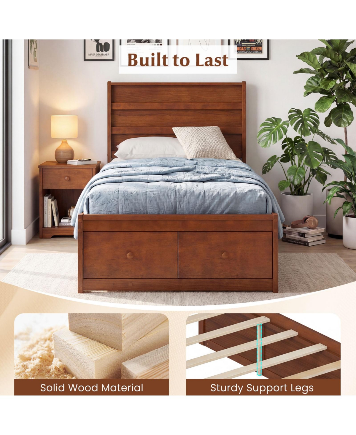 Gymax Twin Bed Frame w/Storage Drawers Headboard Wooden SlatandEnclosed Base