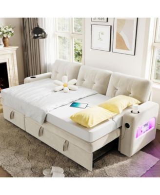 84" Sleeper Sofa Bed, L-Shaped Convertible Couch with Storage, Charging Station and LED Lights