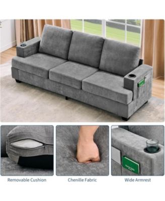 89" 3-Seater Sofa, Chenille Couch with Deep Seat, Cup Holders and Storage Pockets