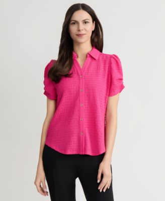 Women's Textured Collared Button-Front Blouse, Regular & Petite