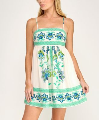 Juniors' Sleeveless Tie-Back Border Printed Linen Dress