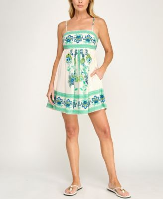 Juniors' Sleeveless Tie-Back Border Printed Linen Dress