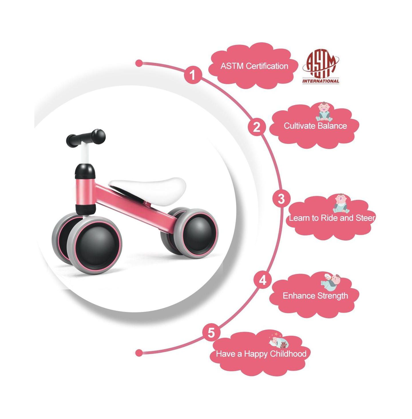 Детская игрушка HONGGE Baby Balance Bike, No-Pedal 4-Wheel, Ages 2+, цвет: Розовый — фото 4