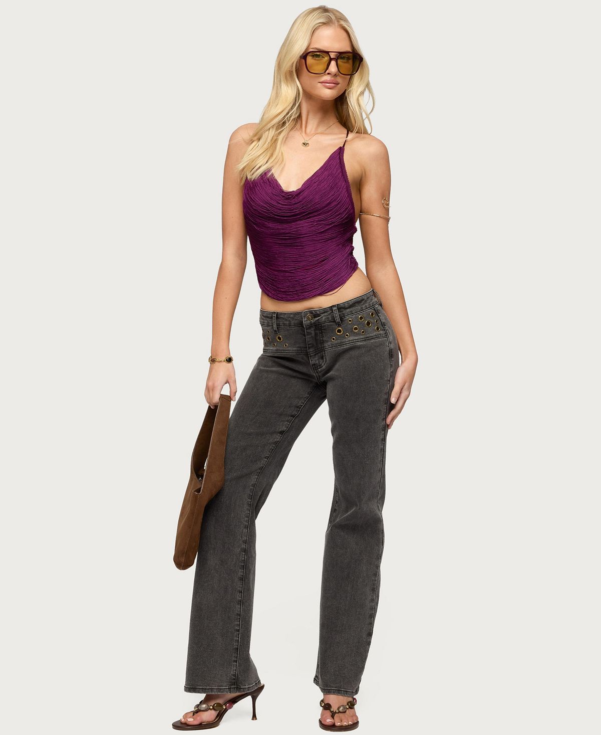 Edikted Women's Grommet Mid Rise Straight Leg Jeans view 5 — MAYCSS fashion products