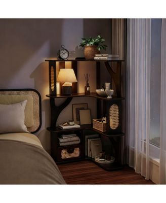 Rubber Wood Corner Shelf 4-Tier Bookshelf with Drawer Rattan Display Stand