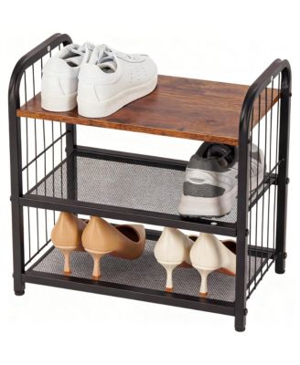 Shoe Rack 5-Tier Metal Mesh Shelves Wooden Heavy-Duty Storage