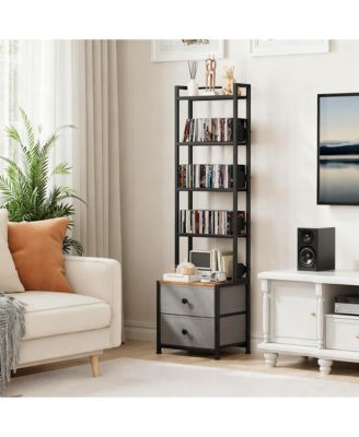 5-Tier Organizer Shelf Adjustable Book Stoppers Fabric Drawers Living Room Office