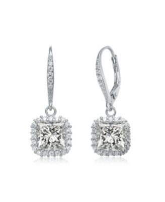 Elegant Sterling Silver Cubic Zirconia Square Drop Earrings