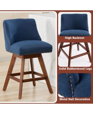 Swivel Bar Stools Set of 2, Modern Upholstered Counter Height Chairs with Wooden Legs and Nailhead Trim for Kitchen Island