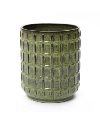 14" Tall Ceramic Planter Pot for Indoor Outdoor Plants with Geometric Texture, Large Garden Plant Pots with Drainage Hole, Green