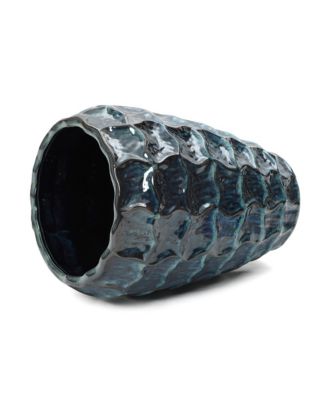 14" Tall Ceramic Planter Pot for Indoor Outdoor Plants with Geometric Texture, Large Garden Plant Pots with Drainage Hole, Blue