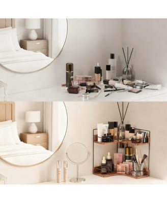 2-Tier Wooden Corner Shelf Bathroom Counter Organizer Vanity Makeup Storage