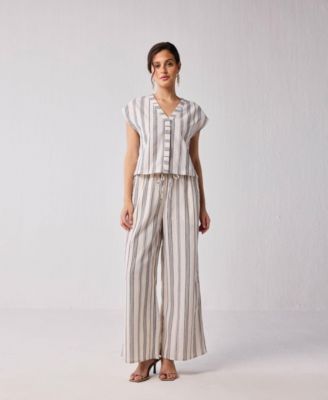 Women's Striped Matching Set with Wide-Leg Pants and V-neck Top