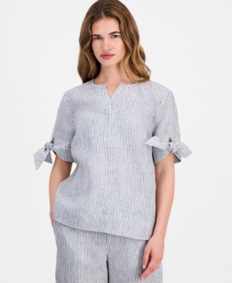 Petite Beach Stripe Tie Sleeve Linen Top