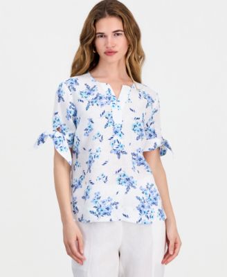 Petite Linen Shannons Garden Tie-Sleeve Top