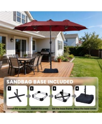 15ft Double-Sided Solar RGB LED Patio Umbrella with Base, Dual Charging